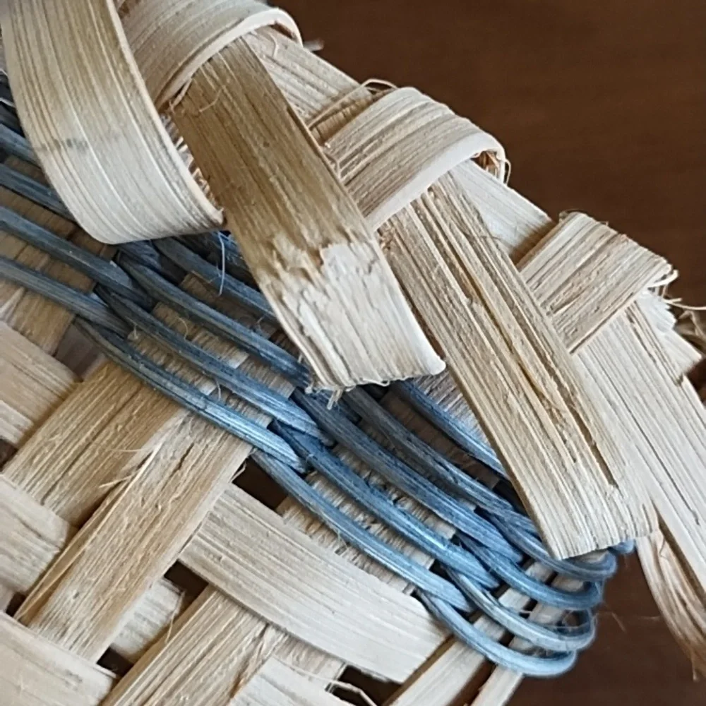 Hand Crafted Bamboo Basket Diamond Shape Mother's Day Gift Cottagecore Blue Trim